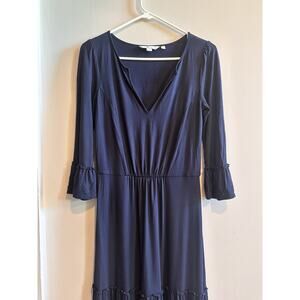 Boden Maxi Dress Size 2 Navy Blue Bell Sleeve V Neck Jersey Knit Tiered Ruffle